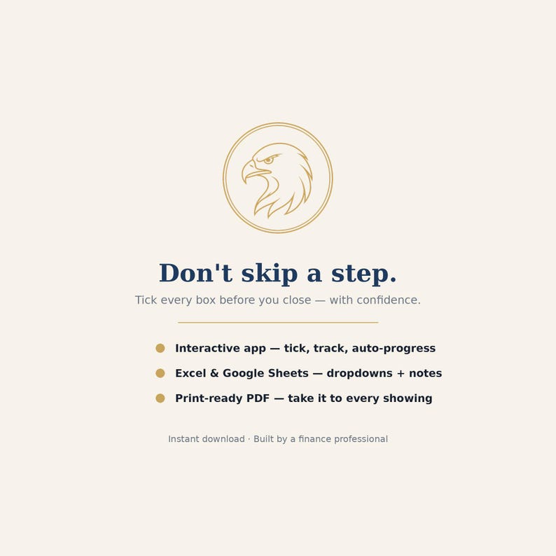 Peut inclure: Un graphique num&eacute;rique avec un embl&egrave;me d'aigle dor&eacute; dans un cercle. Le texte indique : Don't skip a step. Tick every box before you close &mdash; with confidence. Les options Interactive app, Excel & Google Sheets et Print-ready PDF sont list&eacute;es.