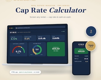 Cap Rate Calculator Spreadsheet & App | Rental Property NOI, Cash Flow, DSCR Tool | Excel, Google Sheets + Dashboard