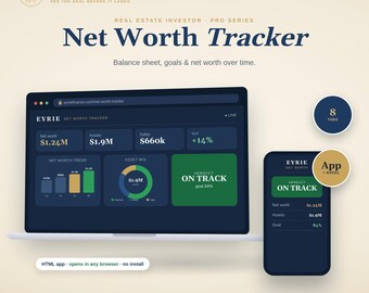Real Estate Net Worth Tracker Spreadsheet & App | Rental Property Portfolio, Equity, Cash Flow and Goals Dashboard | Excel, Sheets