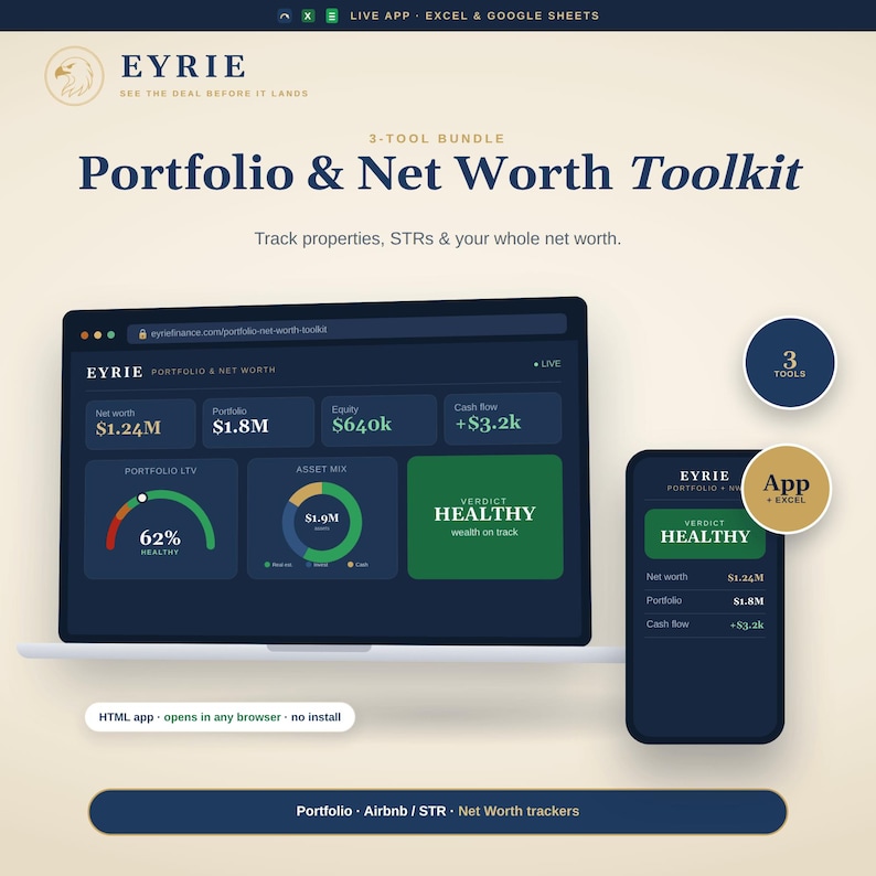 May include: A digital dashboard display titled Portfolio & Net Worth Toolkit by Eyrie. The interface shows financial metrics including net worth, portfolio value, equity, and cash flow on a laptop screen and a mobile phone screen with dark blue backgrounds.