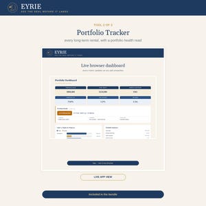 May include: A digital portfolio tracker dashboard interface labelled EYRIE, featuring a live browser view with metrics for portfolio value, total equity, monthly cash flow, and portfolio health. The layout includes data tables, charts, and a button labelled LIVE APP VIEW.