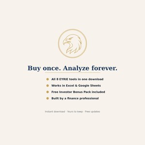 Puede incluir: Un gr&aacute;fico digital con un emblema de &aacute;guila dorada dentro de un c&iacute;rculo sobre el texto Buy once. Analyze forever. Debajo hay cuatro puntos que enumeran 8 herramientas EYRIE, compatibilidad con Excel y Google Sheets, un paquete extra y dise&ntilde;o profesional.