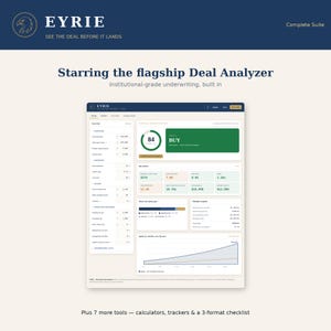 Puede incluir: Una interfaz de panel digital titulada EYRIE que presenta un analizador de acuerdos con un indicador de compra verde, campos de datos num&eacute;ricos, m&eacute;tricas financieras y un gr&aacute;fico de crecimiento. El dise&ntilde;o incluye secciones de compra y gastos.