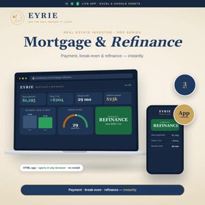 Może przedstawiać: Cyfrowy interfejs aplikacji Eyrie Mortgage & Refinance wyświetlony na ekranie laptopa i smartfona. Ciemnoniebieski pulpit nawigacyjny prezentuje dane finansowe, w tym płatności, progi rentowności oraz oszczędności w zielonym i białym tekście.