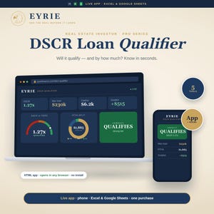 May include: A digital interface for the Eyrie DSCR Loan Qualifier displayed on a laptop and smartphone screen. The dashboard features financial metrics, a gauge chart, a pie chart, and a green box stating Verdict Qualifies. Text includes Real Estate Investor Pro Series and Live App Excel & Google Sheets.