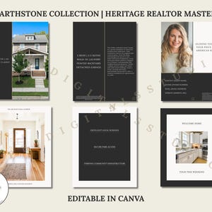 Può includere: Un set di sei modelli di marketing immobiliare digitale intitolati The Hearthstone Collection, con esterno di una casa, corridoio, cucina, ritratto di un agente e blocchi di testo per dettagli, contatti e punti di forza.