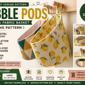 以下が含まれることがあります： Bubble Podsという名称の吊り下げ式布製バスケットのデジタル縫製パターン。画像には、黄色のレモン柄のバスケットと幾何学的な三角形模様のバスケットの2つが表示されており、壁掛け用のループとテキストの詳細が含まれています。