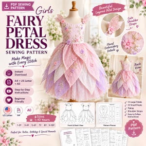 May include: A digital sewing pattern for a fairy petal dress featuring a pink and lavender layered skirt with floral embroidery. The set includes instructions for sizes 1-10 years, printable A4 and US Letter templates, and detailed diagrams.