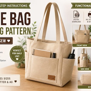 May include: A beige canvas tote bag sewing pattern featuring text including TOTE BAG SEWING PATTERN, STEP-BY-STEP INSTRUCTIONS, and EASY TO SEW. The image displays a central tote bag with exterior pockets, alongside smaller views of front, back, side, top, and bottom angles.