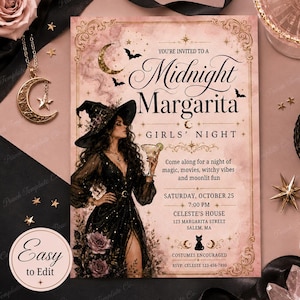 May include: A rectangular invitation card featuring a witch in a black dress and hat holding a margarita. The text reads: You're invited to a Midnight Margarita Girls' Night, Saturday, October 25, 7:00 PM, Celeste's House, 123 Margarita Street, Salem, MA.