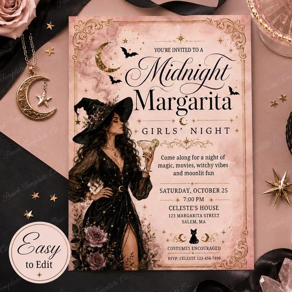 Zaproszenie na wieczór panieński „Midnight Margarita”, szablon Canva na wieczór filmowy „Classy Witch”