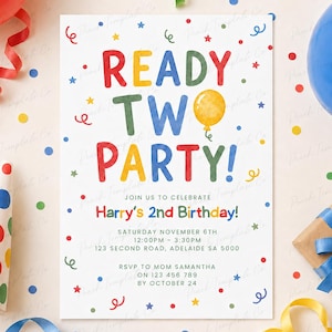 Puede incluir: Una tarjeta de invitación de cumpleaños blanca con texto colorido que dice READY TWO PARTY! y Harry's 2nd Birthday, rodeada de confeti, estrellas y serpentinas estilo acuarela. La tarjeta incluye detalles del evento para el 6 de noviembre.