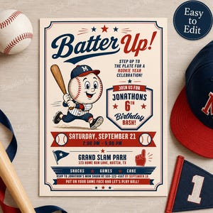 Puede incluir: Una tarjeta de invitación de cumpleaños con temática de béisbol que presenta un personaje de béisbol de dibujos animados sosteniendo un bate, con el texto Batter Up! Step up to the plate for a rookie year celebration! Join us for Jonathons 6th Birthday Bash! Saturday, September 21, 2:00 PM - 5:00 PM, Grand Slam Park, 123 Home Run Lane, Austin, TX.