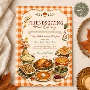 May include: A Friendsgiving potluck invitation card featuring an orange and white gingham border, autumn leaf illustrations, and a feast of roasted turkey, mashed potatoes, stuffing, green beans, and pumpkin pie with the text Friendsgiving Potluck Gathering.