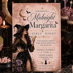 May include: A rectangular invitation card with a pink background featuring a witch illustration, the text 'Midnight Margarita GIRLS' NIGHT', and event details. The design includes a crescent moon, stars, bats, and a black cat icon, with ornate gold borders.