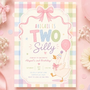 Two Silly Goose 2nd Birthday Invitation, Pastel Rainbow Gingham Editable Canva Template