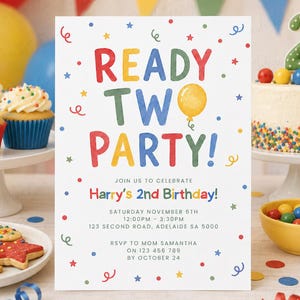 Puede incluir: Una tarjeta de invitación de cumpleaños blanca con el texto colorido READY TWO PARTY! y Harry's 2nd Birthday. Incluye detalles del evento como Saturday November 6th, 12:00PM - 3:30PM, 123 Second Road, Adelaide SA 5000 y RSVP to Mom Samantha on 123 456 789.
