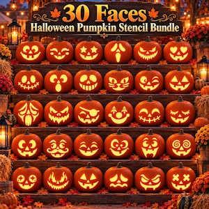 May include: A digital display featuring 30 carved orange pumpkins arranged in five rows, each with a unique facial expression. The top sign reads 30 Faces Halloween Pumpkin Stencil Bundle. The pumpkins are set against a dark wooden background.
