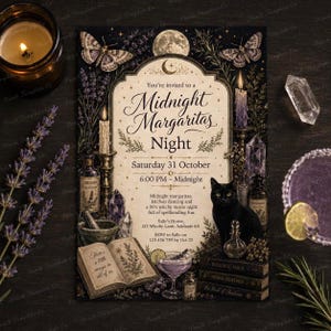 Midnight Margaritas Girls Night Invitation, Witchy Movie Night Editable Canva Template