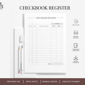 May include: A white checkbook register template with columns for check number, date, transaction description, payment amount, deposit amount, and a checkbox. The document features the text Checkbook Register and includes icons for easy use, printable, Goodnotes, and download.