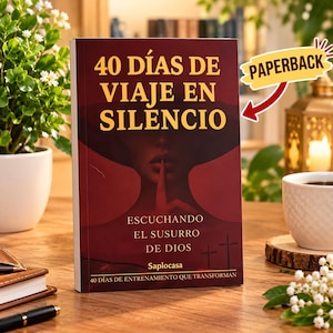 May include: A paperback book titled 40 DÍAS DE VIAJE EN SILENCIO, ESCUCHANDO EL SUSURRO DE DIOS, Saplocasa, 40 DÍAS DE ENTRENAMIENTO QUE TRANSFORMAN. The cover features a dark red background with a silhouette of a person with a finger to their lips.