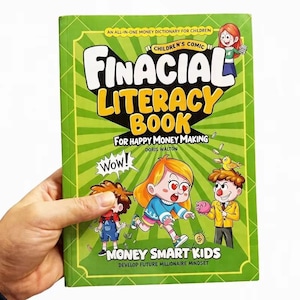 May include: A green children's book titled Financial Literacy Book for Happy Money Making by Doris Walton. The cover features cartoon illustrations of children, a piggy bank, and coins, with the subtitle Money Smart Kids Develop Future Millionaire Mindset.