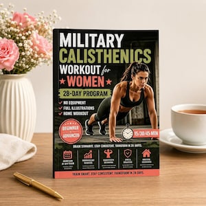 May include: A rectangular book titled Military Calisthenics Workout for Women 28-Day Program. The cover features a person in a black sports bra and leggings performing a plank, with text detailing workout features, a clock icon, and icons.