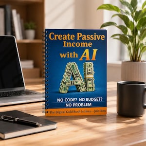 May include: A spiral-bound notebook with a blue cover featuring the text Create Passive Income with AI, an AI graphic made of US dollar bills, and the text NO CODE? NO BUDGET? NO PROBLEM, followed by The Digital Gold Rush Is Here—Join Now.