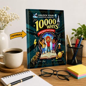 May include: A paperback book titled 10000 WHYS: UNLOCK YOUR CHILD'S FULL POTENTIAL, WHERE CURIOSITY MEETS SCIENCE. The dark blue cover features a central illustration of three children standing on an open book, surrounded by a dinosaur, planet, and rocket.