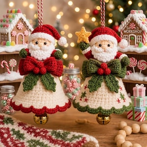 May include: Two crocheted Santa Claus ornaments hanging by red and white striped strings. Each Santa features a white beard, red hat, and a cream-colored bell-shaped body adorned with a large green bow, red berries, and a gold metal bell at the base.