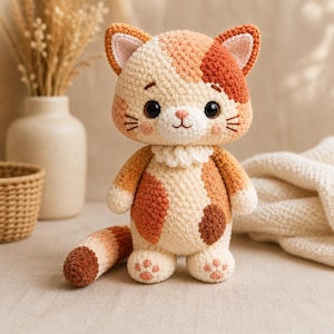 May include: A crocheted cat plush toy featuring a calico pattern of cream, orange, and dark brown yarn. The figure has large black eyes, a small pink nose, embroidered whiskers, a ruffled collar, and small pink paw pads on the feet and tail.