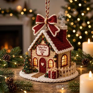 Könnte beinhalten: Ein gehäkeltes Haus-Ornament mit rotem Dach, beigen Wänden und einem Schild mit der Aufschrift Baby's First Christmas 2026. Das Modell umfasst eine rote Tür, einen kleinen Weihnachtsbaum, ein Geschenk, einen weißen Zaun und eine rote Schleife.