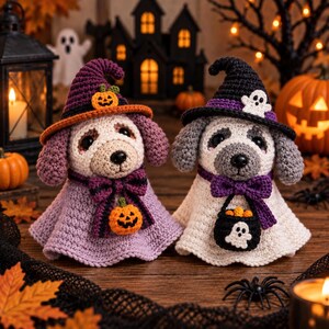 May include: Two crocheted dog figures dressed for Halloween. The left dog wears a purple witch hat with a pumpkin and a purple dress with a pumpkin charm. The right dog wears a black witch hat with a ghost and a white dress with a ghost bucket.