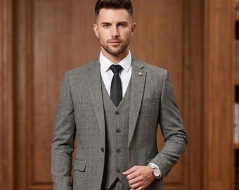 Dark Grey Three-Piece Men’s Suit, Slim Fit Wedding and Business Formalwear