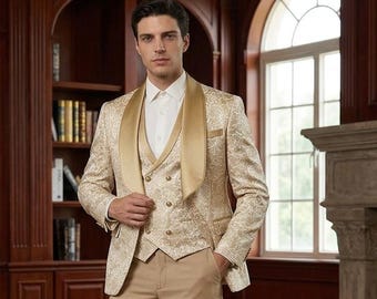 Champagne Jacquard 3 Piece Men’s Wedding Suit, Groom Tuxedo with Shawl Lapel, Victorian Tailcoat Formal Prom Suit