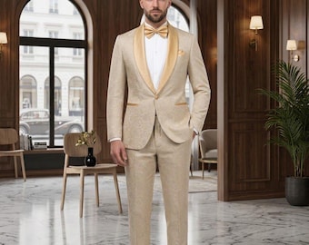 Champagne Jacquard Men's Suit, 2 Piece Satin Shawl Lapel Blazer and Pants