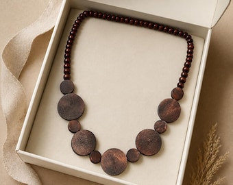 Long Wooden Beaded Necklace, Brown Geometric Disc Statement Jewelry, Vintage Boho Style