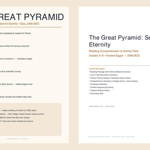May include: Two educational pages titled The Great Pyramid: Sealed for Eternity. The left page features a timeline from 2560 BCE to 2017 and a Did You Know section. The right page lists contents including reading passages and activities.