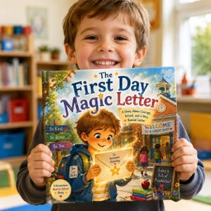 May include: A hardcover children's book titled The First Day Magic Letter. The cover features an illustration of a child holding a glowing envelope, a school building, and text including Be Kind, Be Brave, Be You, and Today is Full of Possibilities.