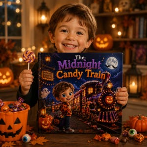 May include: A hardcover book titled The Midnight Candy Train featuring a colorful illustration of a child and a glowing train at night. The cover displays a full moon, a sign for Midnight Station, and a pumpkin-themed locomotive engine.