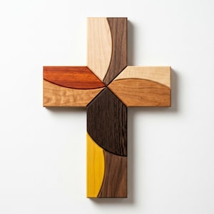 May include: A wall-mounted cross constructed from multiple segments of wood in varying natural tones. The design features curved, interlocking pieces of light maple, dark walnut, reddish mahogany, and a distinct yellow-stained wood section.