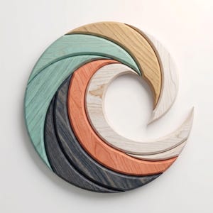 Pode incluir: Um quebra-cabeça circular de madeira composto por seis segmentos curvos interligados. As peças apresentam texturas de veios de madeira distintas e têm acabamento numa paleta de tons bege claro, verde menta, cinza escuro e laranja suave.