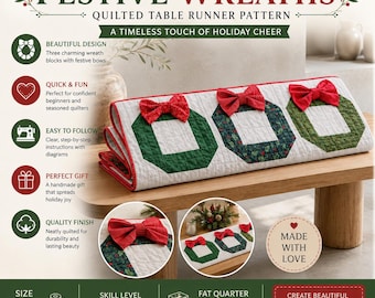 Tischläufer-Quiltmuster mit Weihnachtskranz (PDF) | Nähvorlage für einen festlichen Tischläufer | Quiltmuster für eine Weihnachtstafel | Tischdekoration für Weihnachten