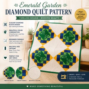 Emerald Garden Diamond Quilt Pattern PDF | Diamond Block Quilt Pattern | Modern Patchwork Quilt | Beginner Quilt Pattern