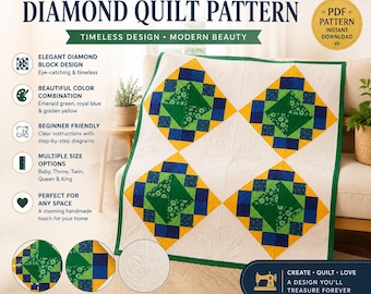 PDF-Muster „Smaragdgrüner Garten“ mit Rautenmuster | Rautenmuster für Patchworkdecken | Moderne Patchworkdecke | Quiltmuster für Anfänger
