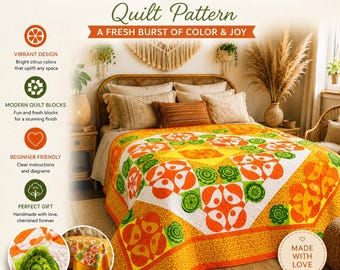 Quiltmuster „Zitrusblüte“ (PDF) | Quiltmuster „Orangenscheibe“ | Quiltmuster „Frucht“ | Modernes Patchwork-Quiltmuster | Quiltmuster für Anfänger (PDF)