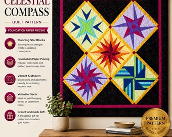 Quiltmuster „Himmlischer Kompass“ (PDF) | Quiltmuster für die Foundation Paper Piecing-Technik | Moderner Kompass-Stern-Wandbehang | FPP-Quiltmuster