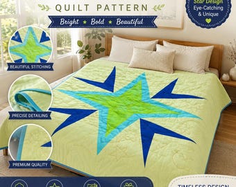 Quiltmuster „Strahlender Stern“ (PDF) | Modernes Sternenmuster | Quiltmuster für Anfänger | Geometrischer Patchwork-Quilt | Sofortiger digitaler Download