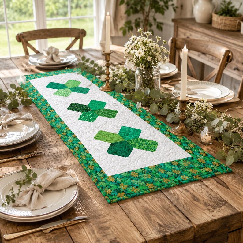Lucky Clover Patchwork Table Runner Quilt Pattern PDF | Irish Shamrock Table Runner Sewing Pattern | St Patrick's Day Quilted Table Runner image 2