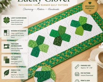 Tischläufer-Patchworkmuster „Glücksklee“ (PDF) | Irisches Kleeblatt-Tischläufer-Nähmuster | Gesteppter Tischläufer zum St. Patrick’s Day